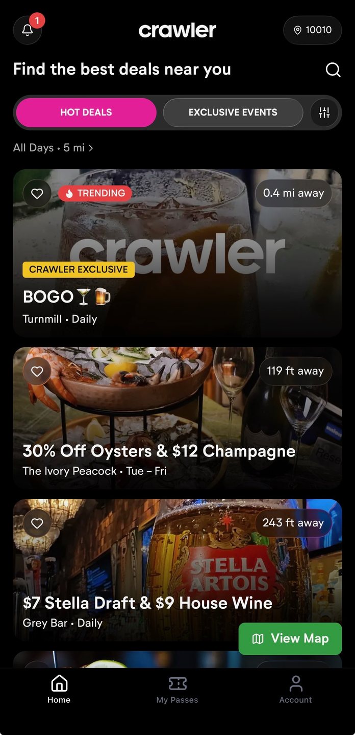 Crawler app feed showing nearby offers
